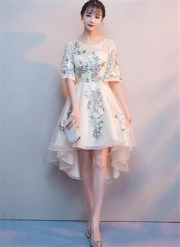 Picture of Lovely Light Champagne Tulle with Lace Applique Short Sleeves Party Dress, High Low Homecoming Dress